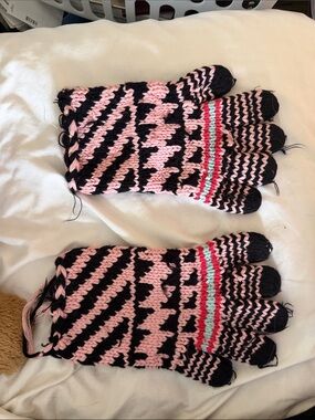 Hand-Knit Pink & Black Striped Gloves with Accent Stripes